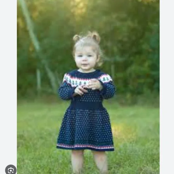 New Janie & Jack Navy Blue Patterned Fair Isle Sweater Dress. - Picture 2 of 6